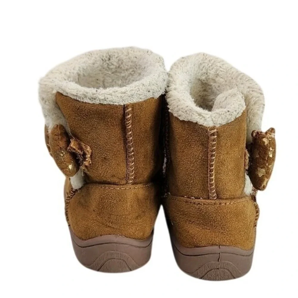 Girls Brown Suede‎ Faux Fur Lined Boots with Gold Star Bow Accent Size 6